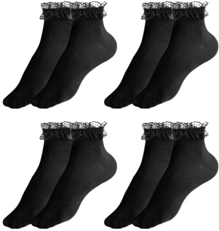 UILYNIU 4 Pairs Black Ankle Socks Women Lace Socks Women's Ruffle Socks Frilly Socks Women Ankle Socks Adult Knitted Socks Delicate Lace Ankle Socks Cotton Socks Ballet Socks for Girls Women (Black)