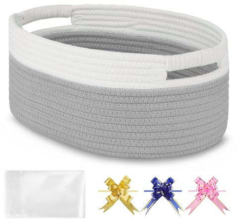 BOSROTY Small Woven Gift Basket with Bag & Ribbons, Cool Grey | Cotton Rope, 33x23x14 cm, Ideal for Women & Men, Bedroom, Living Room, Bathroom Storage, Cat & Dog Toy Boxes