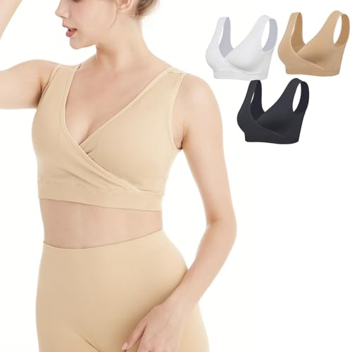 Lemef Nursing Sleep Bras Wirefree Maternity Breastfeeding Bras 3 Pack No Padding Nude,White,Black Size M