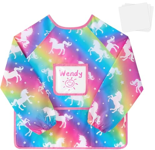 WERNNSAI Kids Art Smock, Unicorn Toddler Art Smock for Girl, Art Essentials Kids Painting Apron, Personalize Toddler Painting Smocks Waterproof Apron with Long Sleeve and 3 Pockets