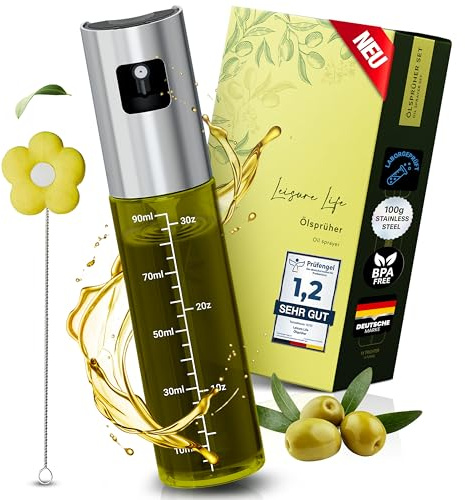 Leisure Life® | NUEVA INTRODUCCIÓN | Pulverizador de aceite | Vidrio verde con protección UV y acero inoxidable con revestimiento completo | 100% libre de BPA