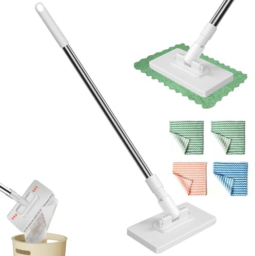 Wischmopp mit Druck Klemm System, Bodenwischer Bodenreinigung mit 4 Wiederverwendbare Mikrofasertücher, Ohne Händewaschen, EIN Knopf zum Wechseln Automatisches Klemmtuch für Haushalt, Büro (1pcs)