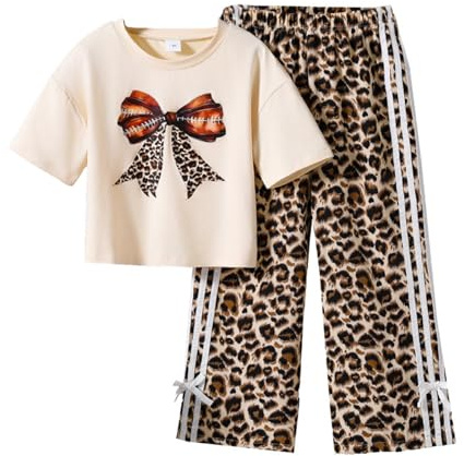 Kids Clothing Set Girls Cute Bow Tie Leopard Print Crewneck Short Sleeved T Shirt and Wide Leg Trousers Teen Girls Comfortable Loose Summer School Casual Age 8-13 Years