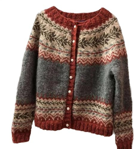 Vintage Fair Isle Cardigan Sweater Icelandic Nordic Boho Style with Colorful Knit Design Button-Down Coatigan for Women (Wine red,X-Large)