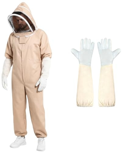 Lucxhcky XXL One-Piece Bee Suits for Men Sting Proof, Beige Beekeeper Suit with Gloves for Women, Wasp Suit Sting Proof for Beekeeping (XXL)