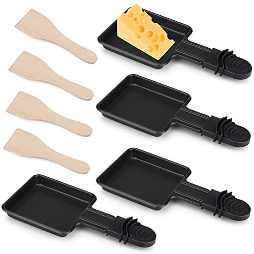 Mini Sartenes para Raclette 4 Piezas Revestimiento Antiadherente Mini-sartenes Accesorios para Raclette Grill con 4 Pala de Madera para Queso Fundido Huevo Frito