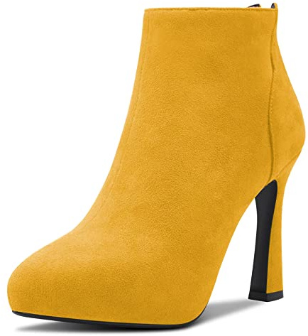 HDEUOLM Mujer Aguja Alto High Plataforma Heel Cerrado el Dedo del pie Puntiaguada Punta Botines Slip-on Cremallera Clásico 10 CM Heels Zapatos Amarillo Ante 38 EU