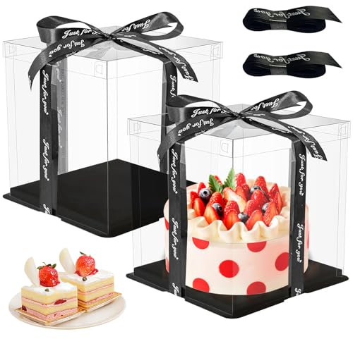 MeYuxg 2 Stück Geschenkbox Durchsichtig, Tortentransportbox Hoch, Tortenschachtel Cake Box mit Sockel und Band Tortenkarton Durchsichtig, für Geburtstag Dessert (Schwarz:10)