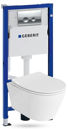 Lavita Duofix Basic Bâti-support + WC suspendu à fond creux Praia Blanc sans rebord + Siège de WC + Plaque de commande Delta 25 Verchromt Knop | Ensemble complet de boîte de chasse encastrée Ensemble