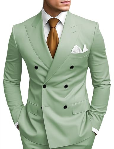 HANBANGWEI 2 Piece Double Breasted Suit Men Slim Fit Mens Double Breasted Blazer Pants Sets Wedding Prom Homecoming Suit, Sage Green, XL