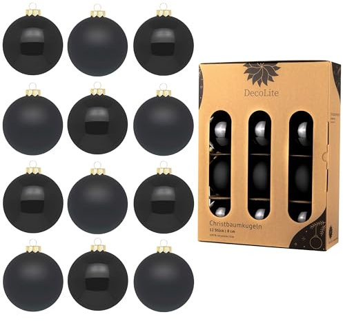 DecoLite: Christbaumkugeln aus Glas Ø 8 cm (12 Stück) - Schwarz - matt/glänzend