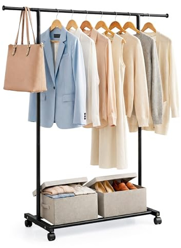 LARDECOR - Burro de Ropa con Ruedas, Perchero Extensible de Hierro 80-120 cm para Dormitorio, Vestidor o Lavandería, Soporta hasta 30 kg (Negro)