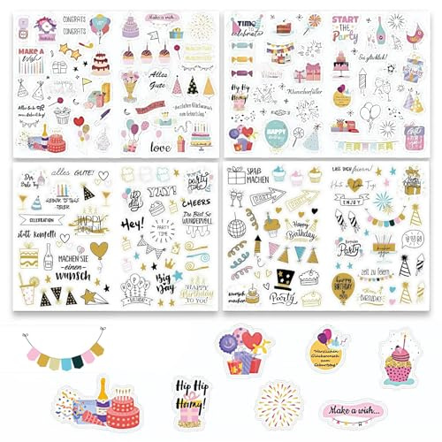 Set de 4 Hojas de Pegatinas de Cumpleaños, Vintage Pegatinas Cumpleaños Scrapbooking para Libro de Visitas, Adhesivos para Scrapbooking, Álbum de Fotos, Libro de Visitas y Decoración de Fiestas