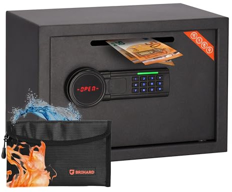 Brihard Coffre-fort de dépôt 25 x 35 x 25 cm avec fente, boîte électronique verrouillable pour argent liquide avec sac ignifuge, coffre-fort de 20 L avec serrure à clavier numérique et écran LCD
