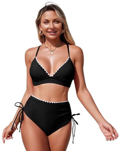 Sillictor Womens Tummy Control High Waisted Bikini SetCrisscross Back with Tie ClosureV Neck Two Piece SwimsuitPush Up Padded Support Swimming Costume Ladies Swimwear Bikinis 6023 Black M