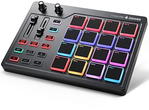 Donner MIDI Pad Controller Keyboard USB Typ-C, Professionelle Drum Pad Maschine Beat Maker mit 16 Pads, MIDI out, 2 zuweisbare Fader und Knöpfe (STARRYPAD MINI, Schwarz)