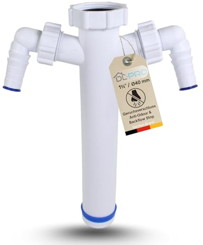 DL-pro Tauchrohr Ø40mm 1 1/2 Zoll, 265 mm lang, 2x schwenkbarer Geräteanschluss, Anti-Geruchsverschluss & Rückflussstopp – für Waschmaschine & Geschirrspüler