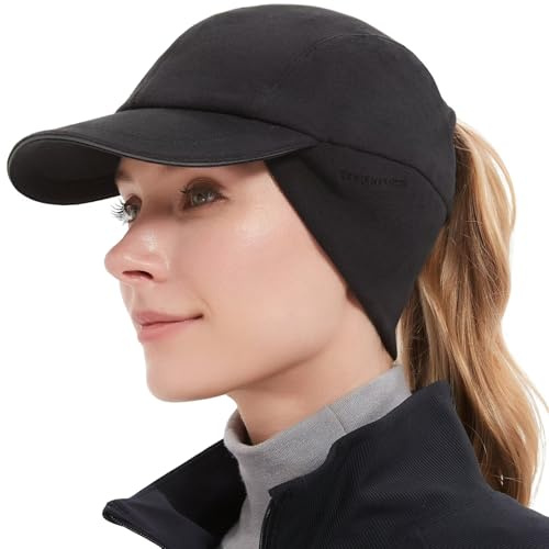 GADIEMKENSD Winter Running Hats Reflective Fleece Ponytail Hat for Women Baseball Caps with Earflap Drop Down Ear Warmer Mens Skull Cap Beanie with Visor Cold Hat for Outdoor Hiking Snow Ski Black