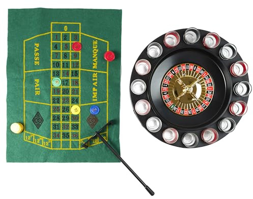 MISTER GADGET - MG3374 Jeu à Boire Roulette - Ensemble Casino avec 16 Verres à Shots, Tapis de Jeu, 60 Jetons, 2 Billes - 30.5 x 6.5 x 30.5 cm - Noir, Rouge, Vert, Blanc