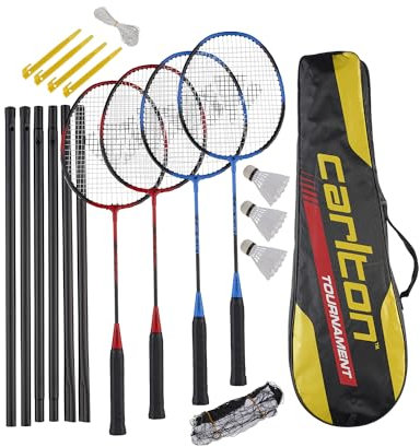 Carlton Tournament Badminton Schlägerset, 4 Spieler (4 Schläger, 3 Bälle, 1 Tasche, Netz & Pfosten), Black/RED, Black/Blue