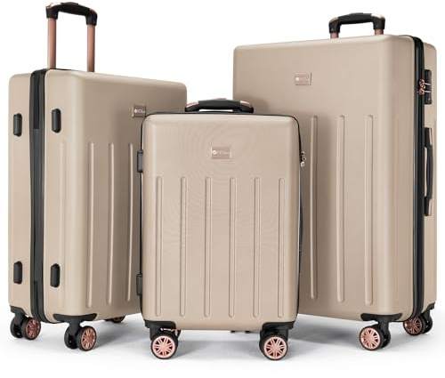 Vivo Technologies Luggage Sets 3 Piece Hard Shell ABS Suitcases with TSA Lock Lightweight Durable Trolley Travel Carry On Suitcase 3pcs Cabin with 4 Spinner Wheels, 20 24 28 Gold