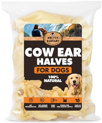 BRUTUS & BARNABY Cow Ears for Dogs – Halves 12 ct, Thick Cut, Grass-Fed Angus Beef, All-Natural No-Rawhide Dog Treat Alternative