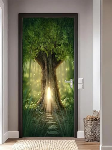 FLFK 3D Door Stickers Peel and Stick 85x215cm,Self-Adhesive Door Murals Wallpaper Poster Waterproof Fantasy Tree House Decals for Home Decor(2Pcs/Set)