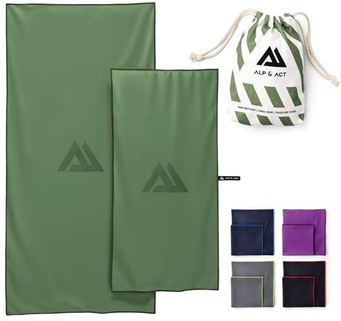 ALP & ACT Serviette Microfibre Lot de 2 - Microfibre 100% Recyclée - Super LÉGÈRE & Séchage Rapide - 150x70 cm + 100x50 cm - Camping Accessoires : Serviette Voyage & Bain, Drap de Plage - Vert