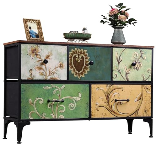 WLIVE Chest of Drawers with 5 Drawers, Storage Organizer, Wide Chest of Drawers for Living Room, Hallway, Kids Room, TV Stand with Wood Board, Fabric Drawers, Steel Frame, Retro Prints