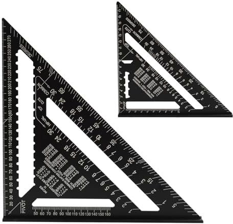 Aluminum Rafter Square Set (12 & 7) – Heavy-Duty Carpenter Square, Triangle Ruler & Protractor – Imperial Measurement Layout Tool for Woodworking, Carpentry & Framing