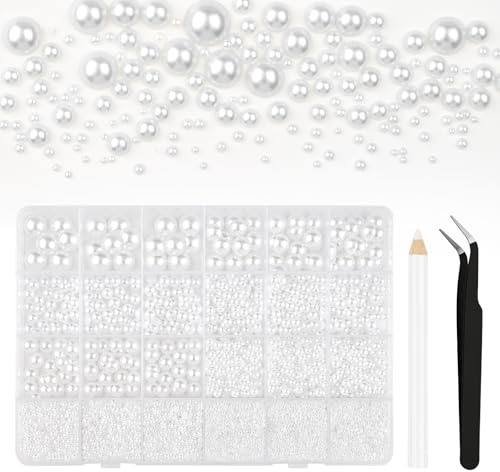 Bouiexye 13000 perlas blancas con parte trasera plana de 2/3/4/5/6/8/10 mm, perlas semicirculares para bricolaje, manualidades, uñas, zapatos, fundas para teléfono móvil, etc