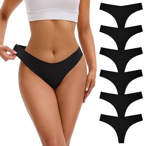 INNERSY Black Thongs for Women Seamless Underwear Invisible Thong Panties String Knickers 6 Pack (M, 6 Black)