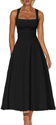 AOWVUTS Robe de Cocktail Femme Robes Longue Chic et Elégant sans Manches Maxi Robe Sexy à Col Carré Robes Unie A-Line Swing à Plis de Taille pour Fête Soirée Mariage Bal Promo Cérémonie