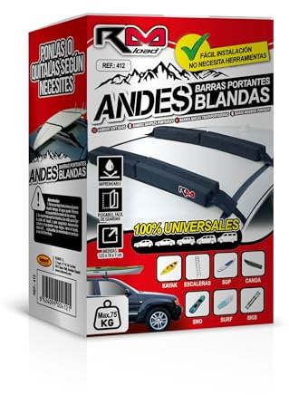 ROLMOVIL – Baca Coche Universal Blanda, Barras de Techo Suaves con Correas, 2 módulos 125 x 18 x 7 cm con Tejido Antideslizante, Montaje sin Herramientas