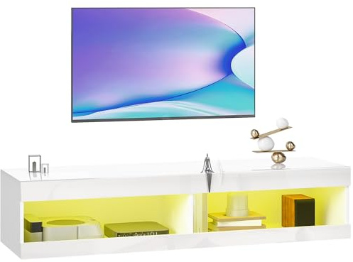 HOMCOM Mueble de TV Suspendido con Luces LED, Mueble de TV para Salón con Control Remoto, Compartimentos, Orificios Pasacables, para Televisión 55-60 Pulgadas, 140x40x30 cm, Blanco Brillo