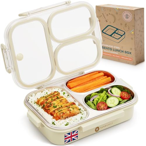 Everusely Fiambrera Bento de acero inoxidable - 750 ​ml - Fiambrera metálica hermética con 3 ​compartimentos - Fiambrera de con compartimentos para tentempiés y tapa transparente