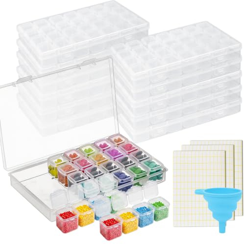 12 Pack Diamond Art Storage Boxes, Clear Diamond Painting Storage Boxes with 28 Grids, Plastic Diamond Art Storage Container with Label Stickers and Funnel, for Small Items, Beads, Nail Accessories
