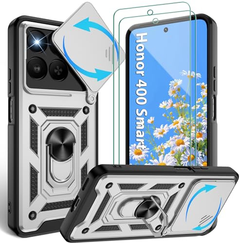 Jshru for Honor 400 Smart Case with Screen Protector,Built-in Camera Protection Cover and Ring Kickstand,Military Grade Shockproof Case,Honor 400 Smart -Silver