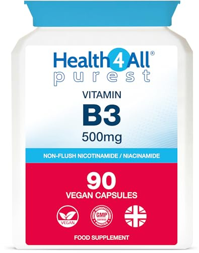 Vitamin B3 Niacin as Nicotinamide (Niacinamide) 500mg 90 Capsules, Purest, No Additives, Vegan, Gluten Free No-Flush Supplement VitB3 Capsules | Made in UK by Health4All