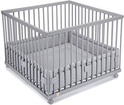 FabiMax Baby Laufgitter 100x100 Grau lackiert, stufenlos höhenverstellbar, mit Schlupfsprossen, Laufstall aus massivem Buchenholz (Graue Würfel)