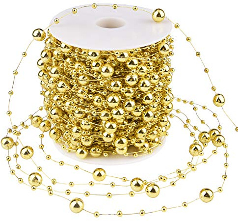 Livder 100 Feet Christmas Tree Beads Garland Decoration, Artificial Plastic Reflective Pearls Strands String Chain Beaded Roll (Golden)