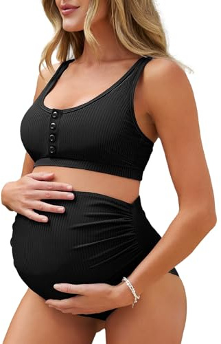 Summer Mae Maternity Ribbed High Waist Swimsuit Crop Top Bikini Bathing Suit High Cut Two Piece Pregnancy Swimwear Black Small