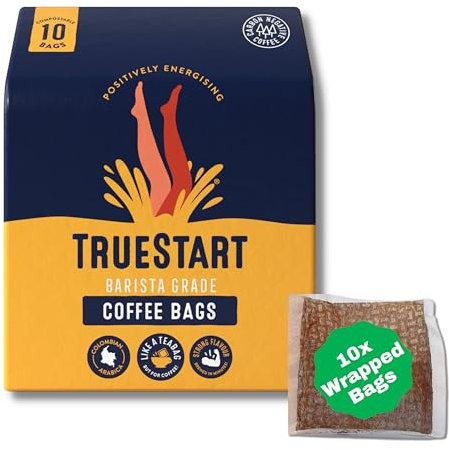TrueStart Coffee Bags, Smooth Energising Colombian Arabica – 10 Wrapped Bags, Mycotoxin-Free Coffee Rich in Antioxidants, Quick Brew, Individually Wrapped & Gluten Free