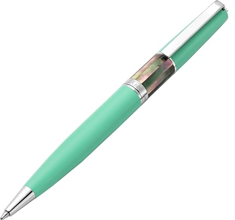 Xezo Speed Master Stylo à bille à mécanisme tournant, pointe moyenne. Vert aqua mat avec nacre noire de Tahiti. Plaqué chrome. Corps en laiton léger. Chaque pièce unique