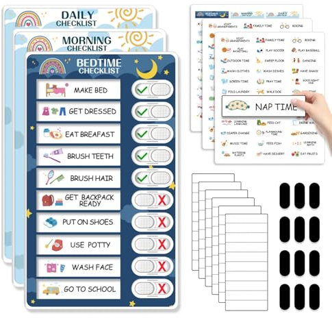 Upgraded Slider 3 in 1 Bedtime/Morning/Daily Routine Chart for Kids, Magnetic Chore Chart for Kids, Visual Schedule for Kids Toddlers Schedule Board for Home