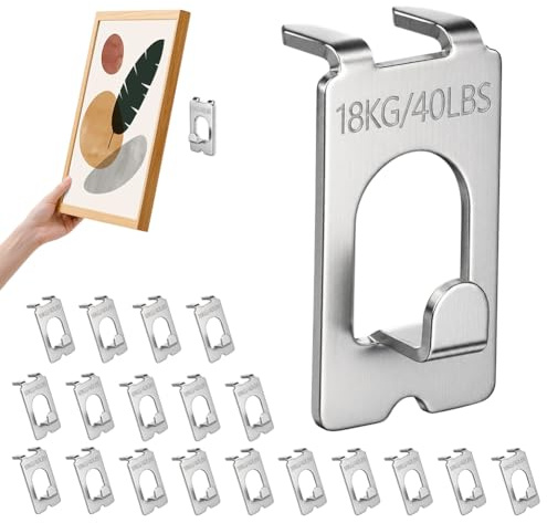 AUAUY 20 st spikfria krokar, gipskrokar, lastkapacitet 18 kg/40 lbs, inga skador, lätt att installera, hållbara krokar för hem, kontor, ramar, speglar, affischer