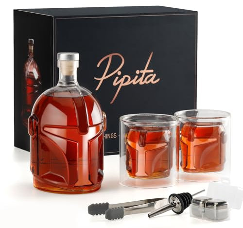 Galaxy - Set di decanter per whisky da uomo, 963,9 g, con due bicchieri, set di decanter in vetro senza piombo fatto a mano con design unico a casco, regalo di anniversario, compleanno, accessori per