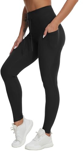 THE GYM PEOPLE Women's High Waist Drawstring Gym Leggings with Pockets Stretchy Tummy Control Yoga Pants for Ladies Sports Running/Black/M