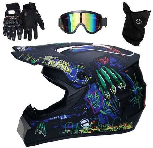 Unisex MTB Motocross Helmet, with Gloves Goggles Mask, Youth Kids Full Face Off Road Karting Racing ATV Scooter Motorbike Helmet, Downhill Enduro BMX Quad Dirt Bike Crash Helmet(Matte Black,M/54-55CM)