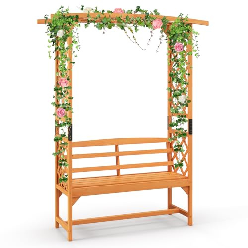 COSTWAY Panchina 2 Posti con Arco da Giardino per Rose e Rampicanti, Pengolato con Panchina in Legno di Abete, Graticcio per Piante da Esterno per Balcone, Cortile e Terrazzo (160 x 50 x 199 cm)